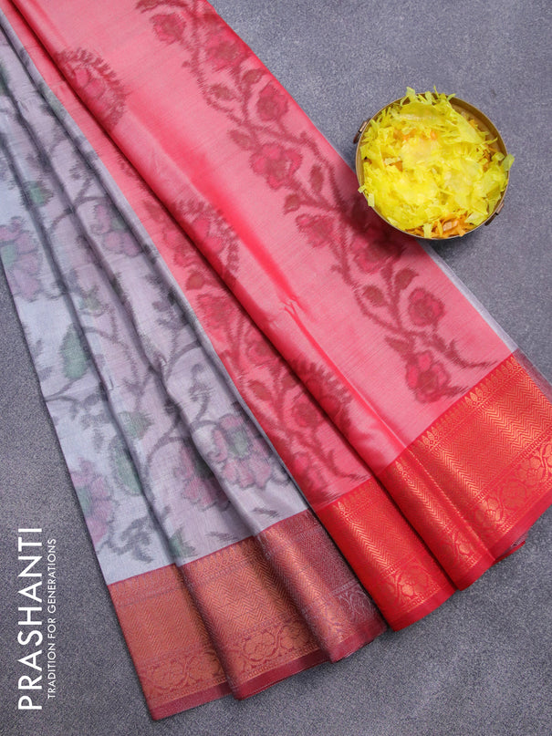 Banarasi semi tussar saree grey and maroon with allover ikat weaves and zari woven border
