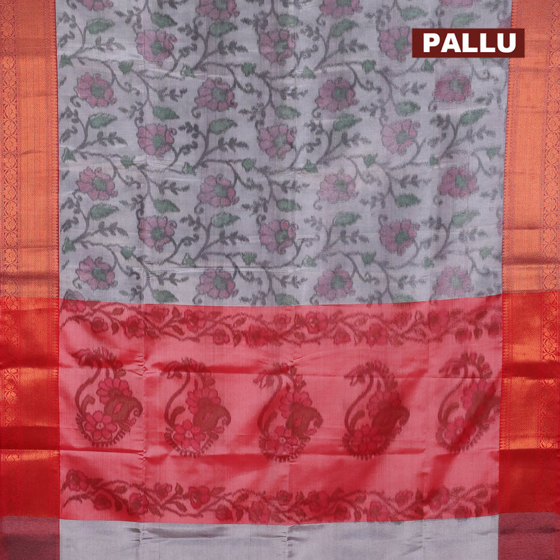 Banarasi semi tussar saree grey and maroon with allover ikat weaves and zari woven border