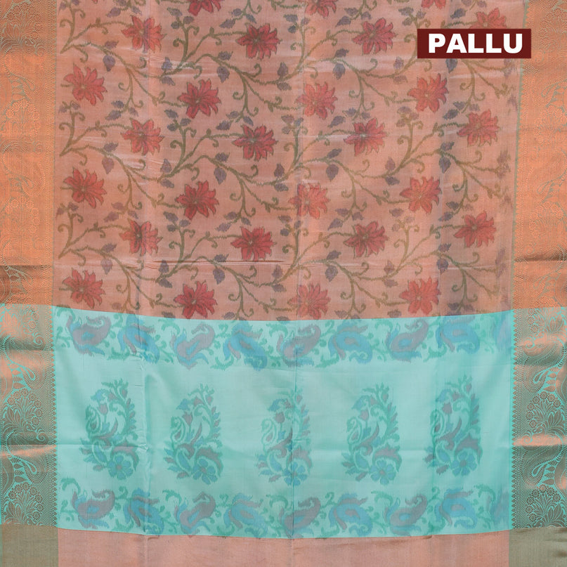 Banarasi semi tussar saree peach shade and green with allover ikat weaves and copper zari woven border