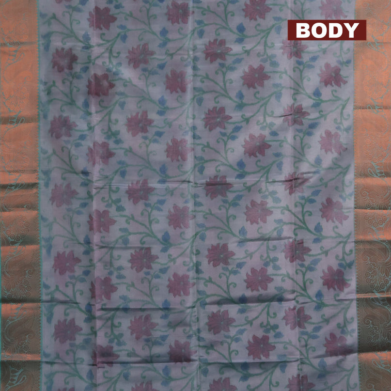 Banarasi semi tussar saree dual shade of grey and teal green with allover ikat weaves and copper zari woven border