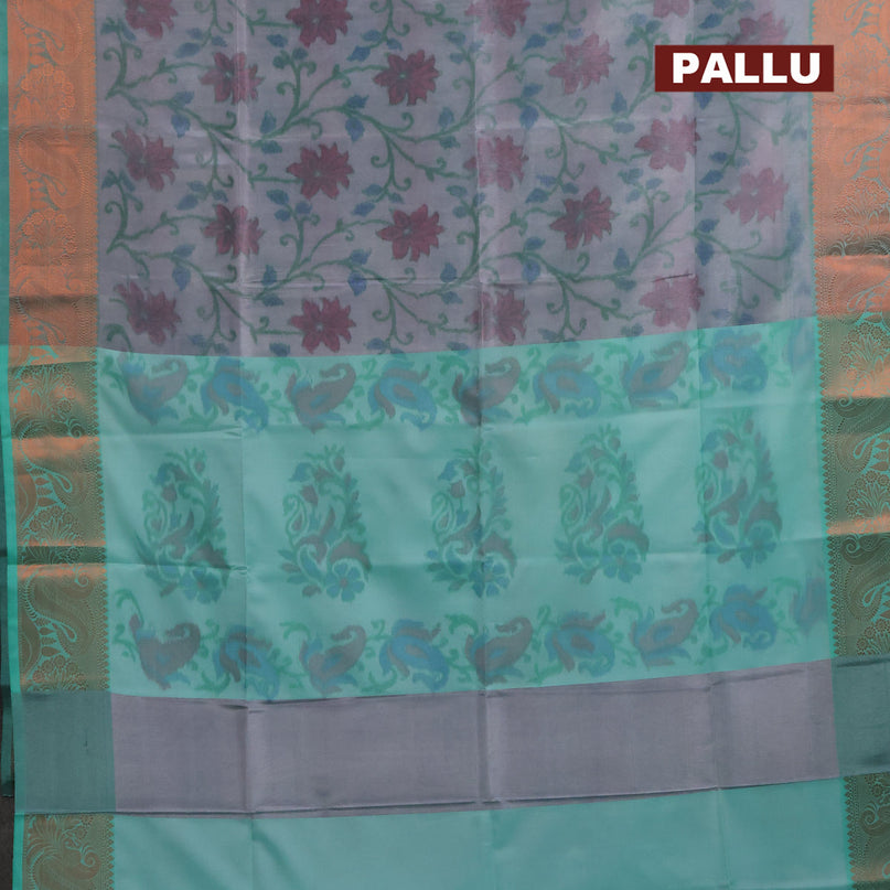 Banarasi semi tussar saree dual shade of grey and teal green with allover ikat weaves and copper zari woven border