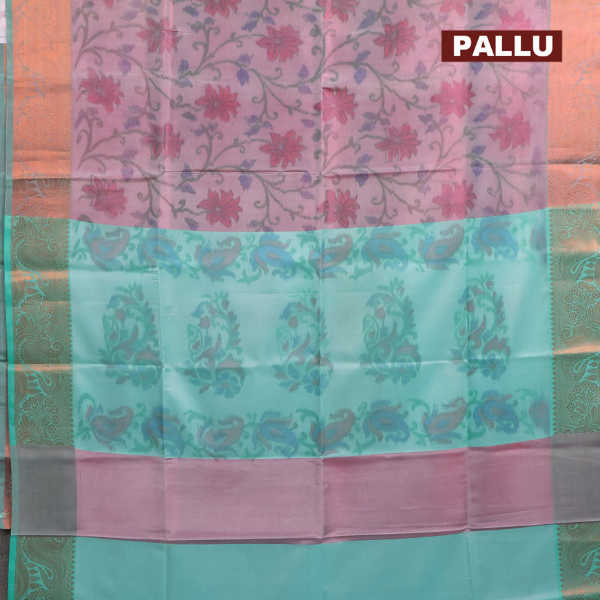 Banarasi semi tussar saree dual shade of greyish pink and teal green with allover ikat weaves and copper zari woven border