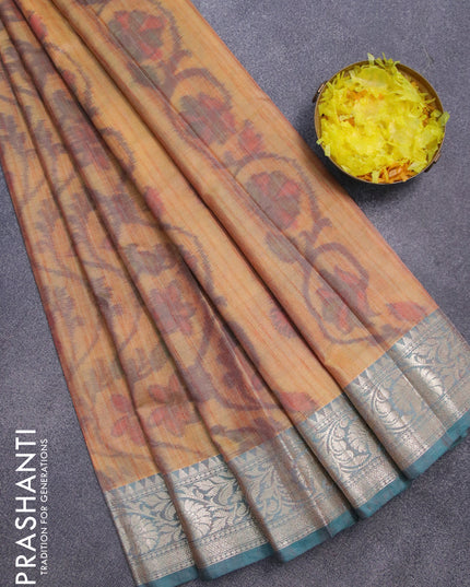 Banarasi semi tussar saree yellow shade and blue with allover ikat weaves and zari woven border