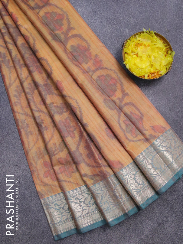 Banarasi semi tussar saree yellow shade and blue with allover ikat weaves and zari woven border