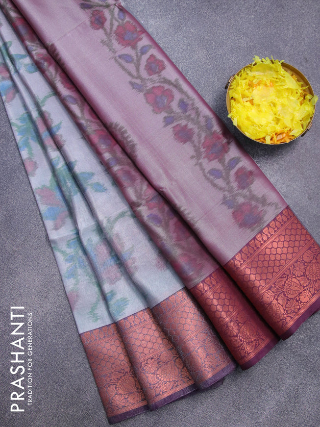 Banarasi semi tussar saree grey shade and deep purple with allover ikat weaves and copper zari woven border