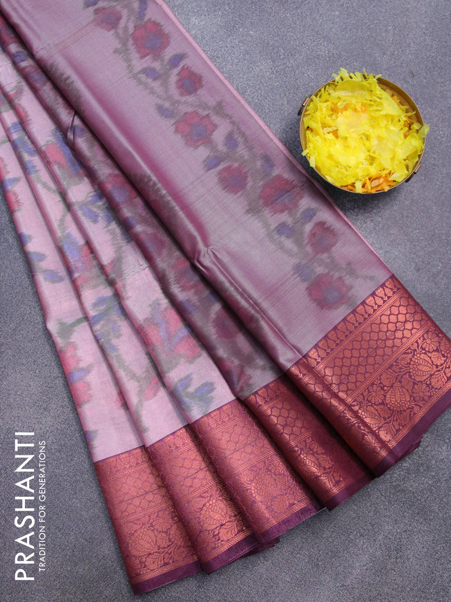Banarasi semi tussar saree pastel pink and deep purple with allover ikat weaves and copper zari woven border