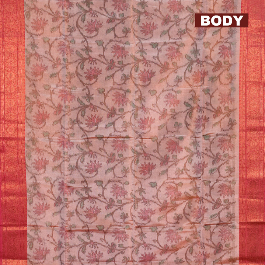 Banarasi semi tussar saree peach shade and pink with allover ikat weaves and copper zari woven border