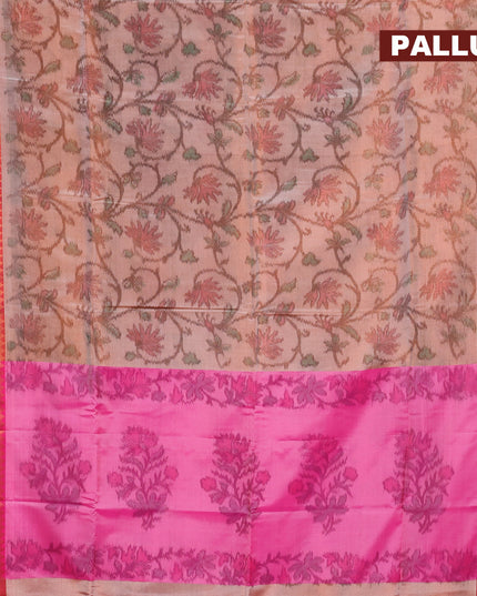 Banarasi semi tussar saree peach shade and pink with allover ikat weaves and copper zari woven border