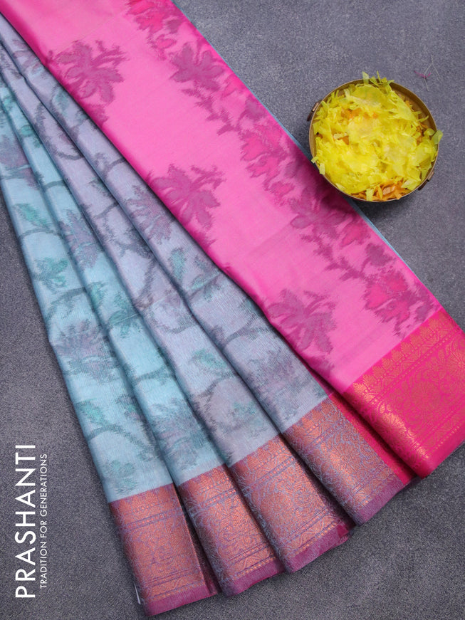 Banarasi semi tussar saree dual shade of grey and pink with allover ikat weaves and copper zari woven border