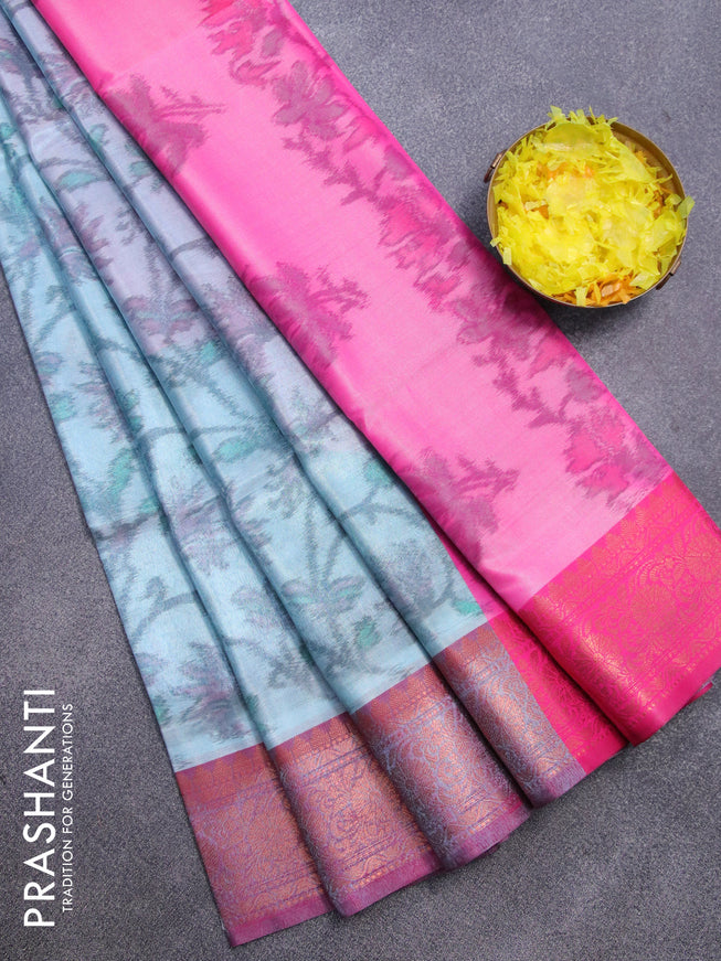 Banarasi semi tussar saree light blue and pink with allover ikat weaves and copper zari woven border