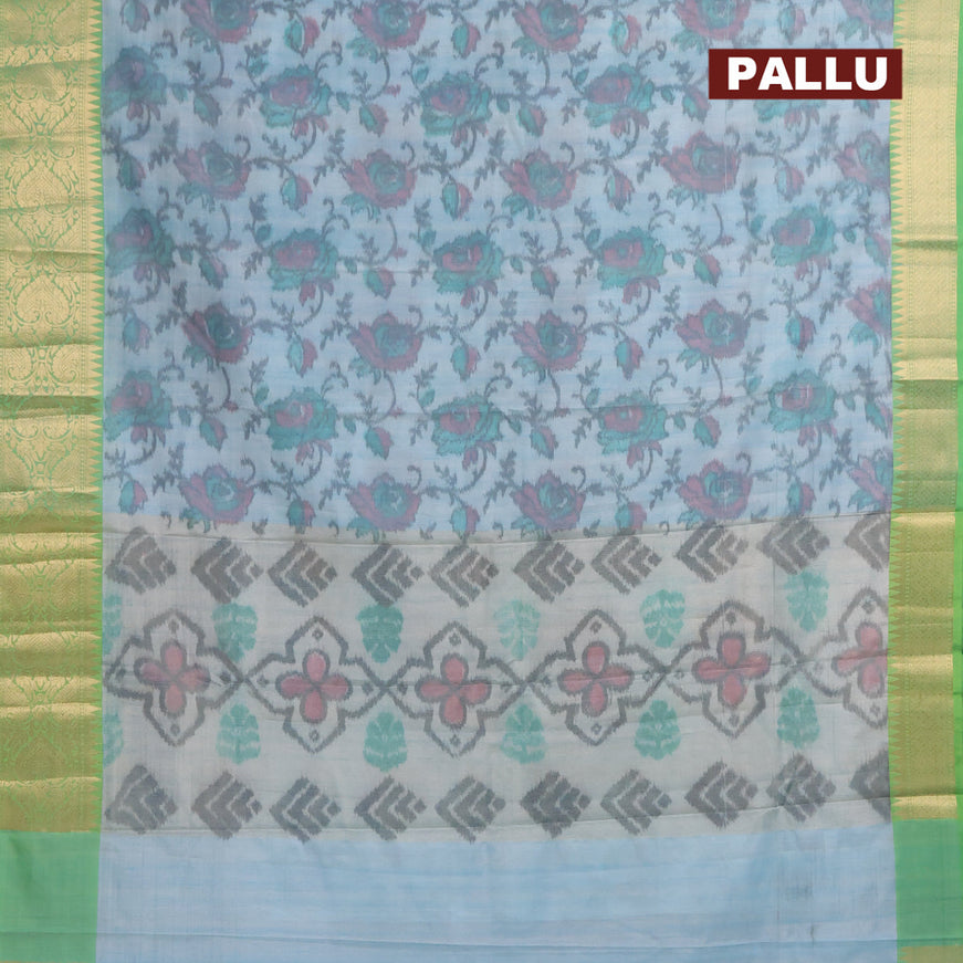 Banarasi semi tussar saree light blue and green with allover ikat weaves and zari woven border