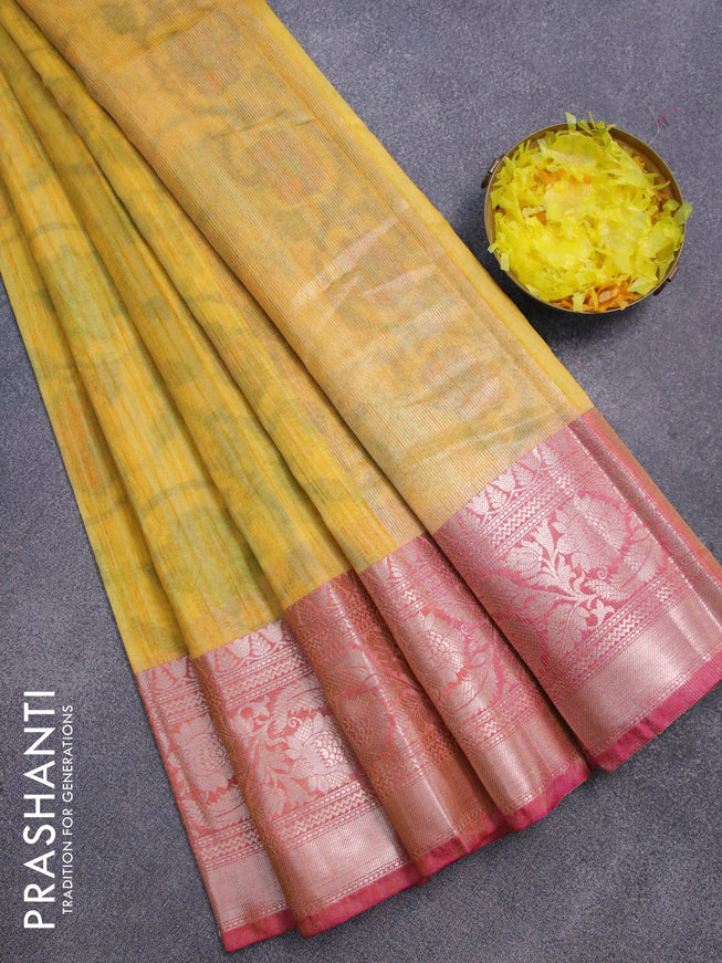 Banarasi semi tussar saree yellow and pink with allover ikat weaves and zari woven border