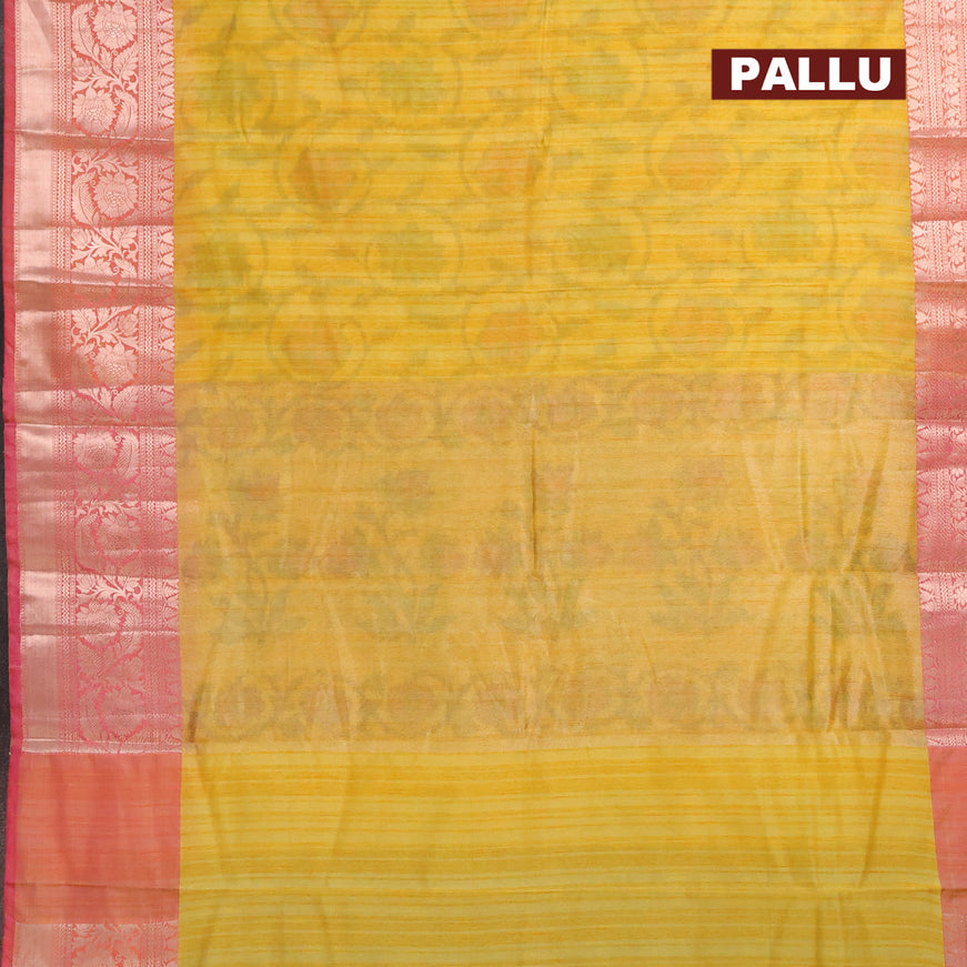Banarasi semi tussar saree yellow and pink with allover ikat weaves and zari woven border
