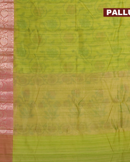 Banarasi semi tussar saree light green and magenta pink with allover ikat weaves and zari woven border