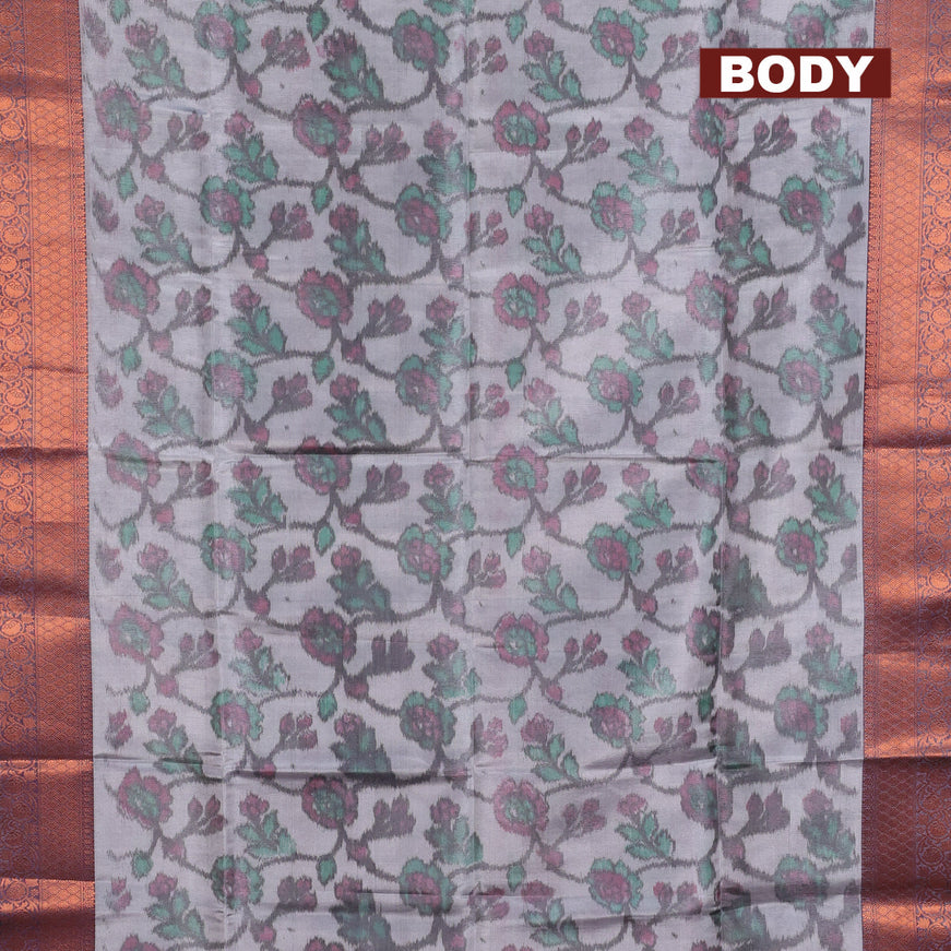 Banarasi semi tussar saree pastel grey and deep purple shade with allover ikat weaves and copper zari woven border