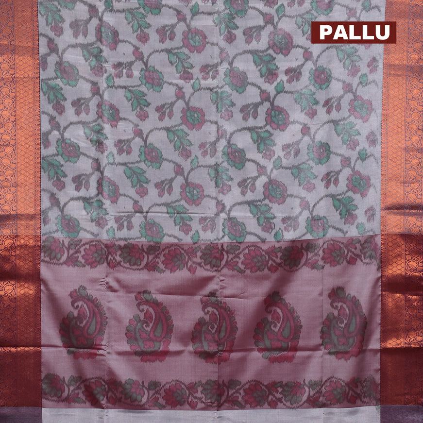 Banarasi semi tussar saree pastel grey and deep purple shade with allover ikat weaves and copper zari woven border
