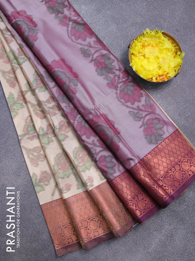 Banarasi semi tussar saree cream and deep purple shade with allover ikat weaves and copper zari woven border