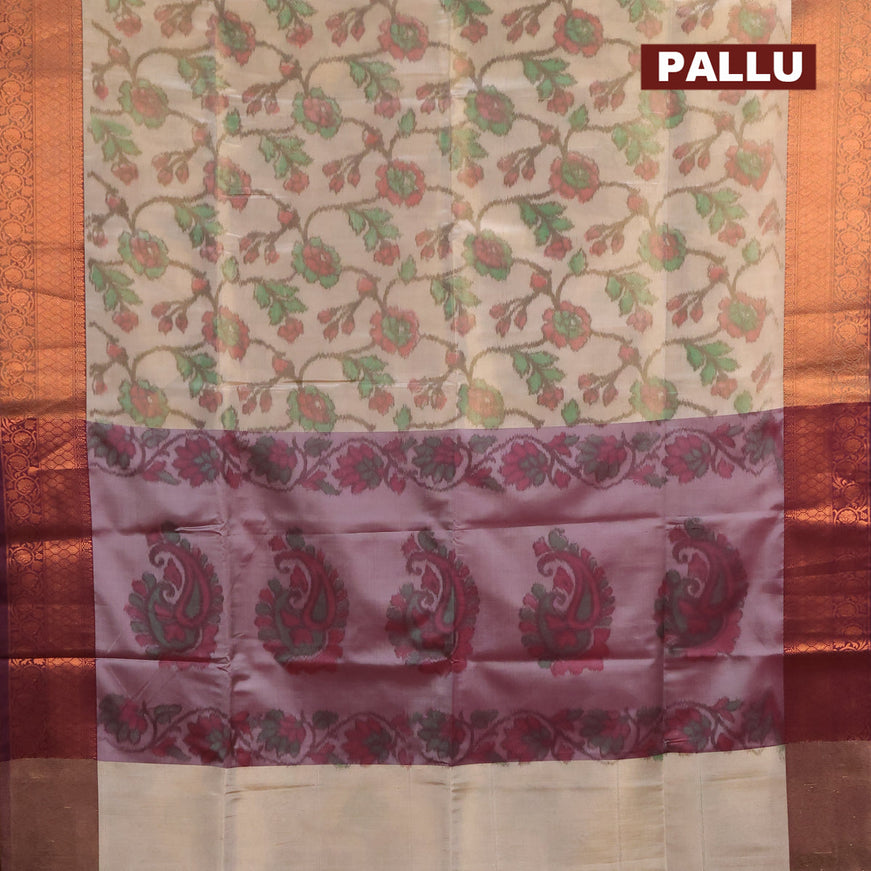 Banarasi semi tussar saree cream and deep purple shade with allover ikat weaves and copper zari woven border