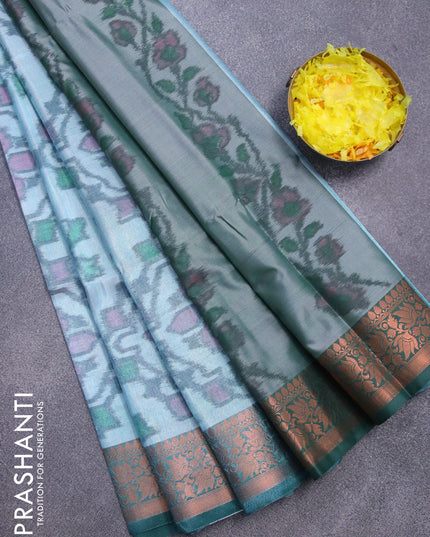 Banarasi semi tussar saree light blue and dark green with allover ikat weaves and copper zari woven border