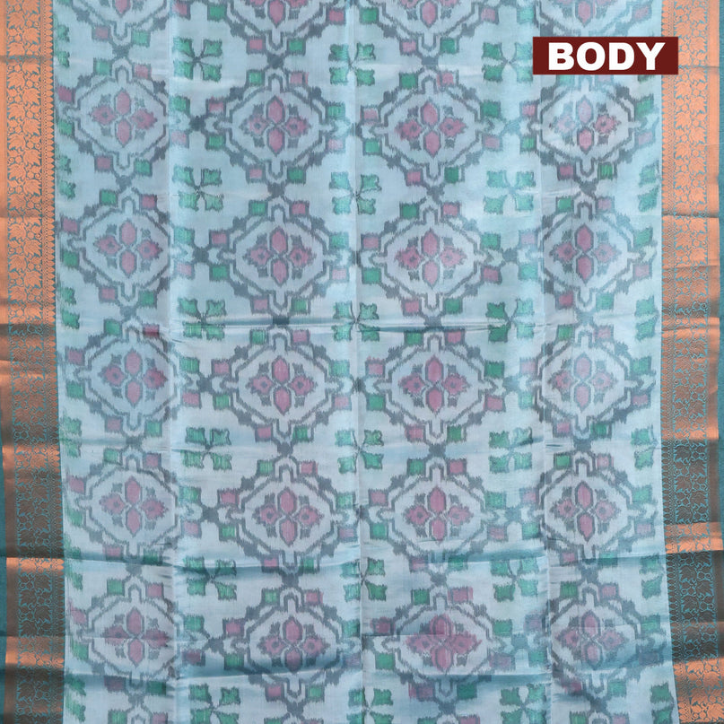 Banarasi semi tussar saree light blue and dark green with allover ikat weaves and copper zari woven border