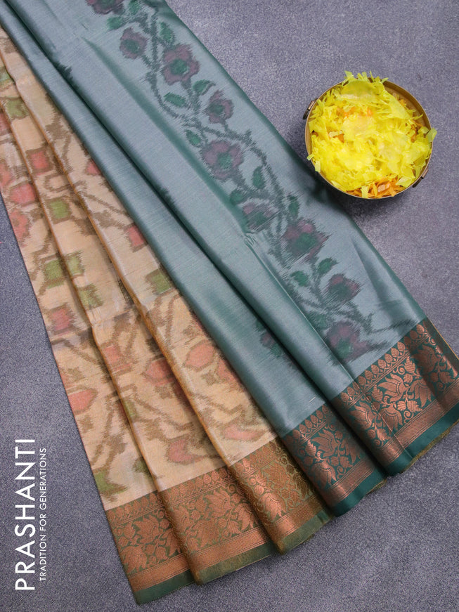 Banarasi semi tussar saree sandal and dark green with allover ikat weaves and copper zari woven border