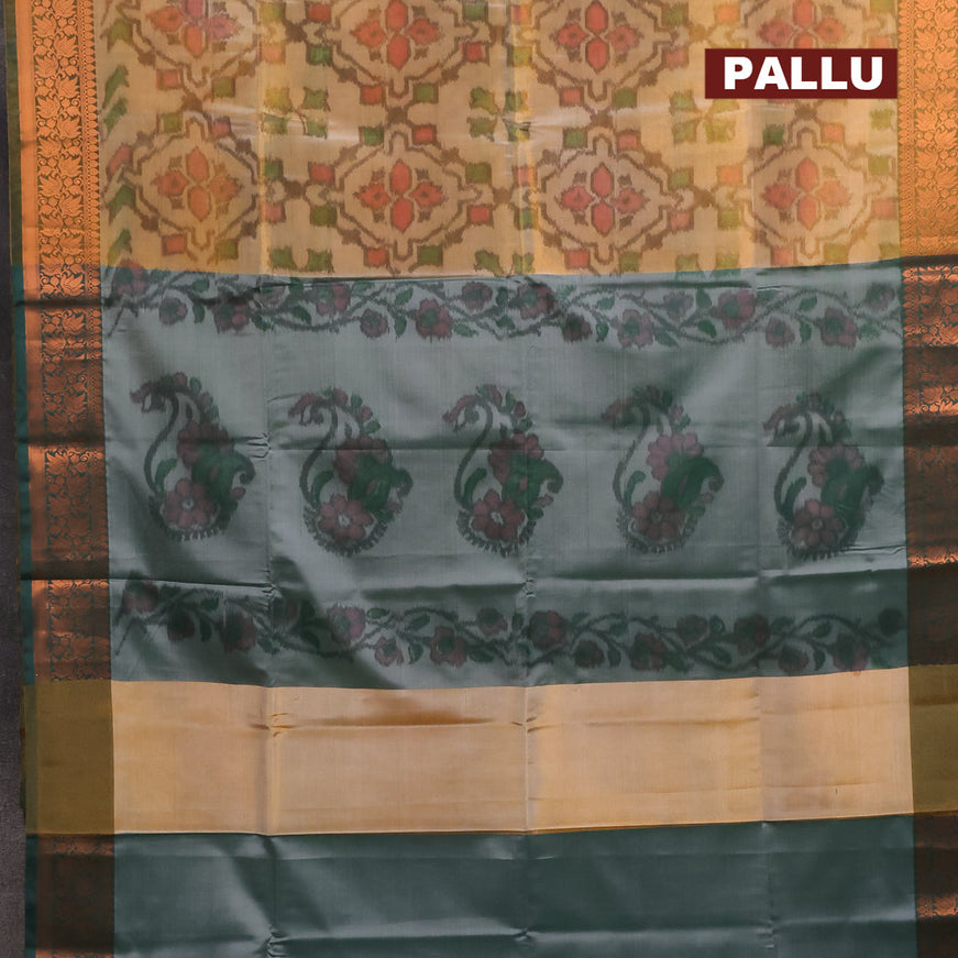 Banarasi semi tussar saree sandal and dark green with allover ikat weaves and copper zari woven border