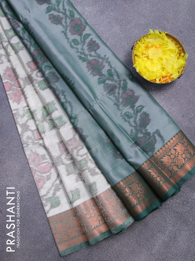 Banarasi semi tussar saree grey shade and green with allover ikat weaves and copper zari woven border