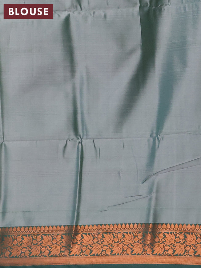 Banarasi semi tussar saree grey shade and green with allover ikat weaves and copper zari woven border
