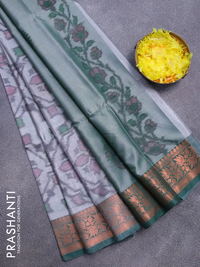 Banarasi semi tussar saree grey and dark green with allover ikat weaves and copper zari woven border