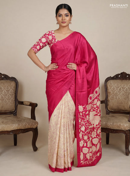 Semi modal partly saree pink with plain body and kalamkari pallu