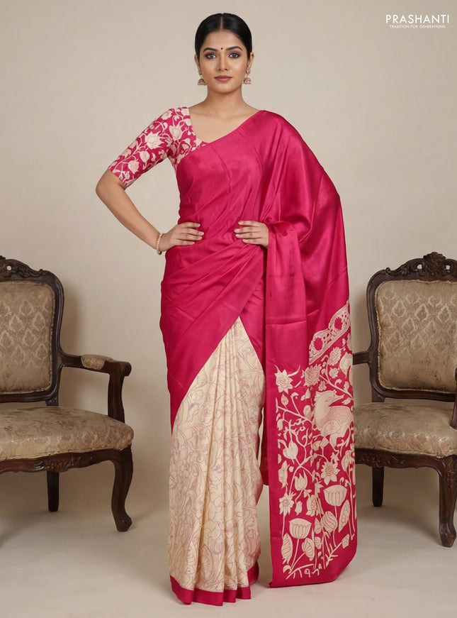 Semi modal partly saree pink with plain body and kalamkari pallu