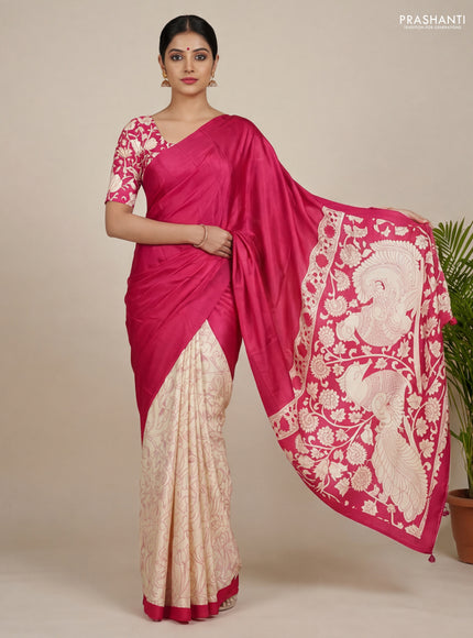 Semi modal partly saree pink with plain body and kalamkari pallu