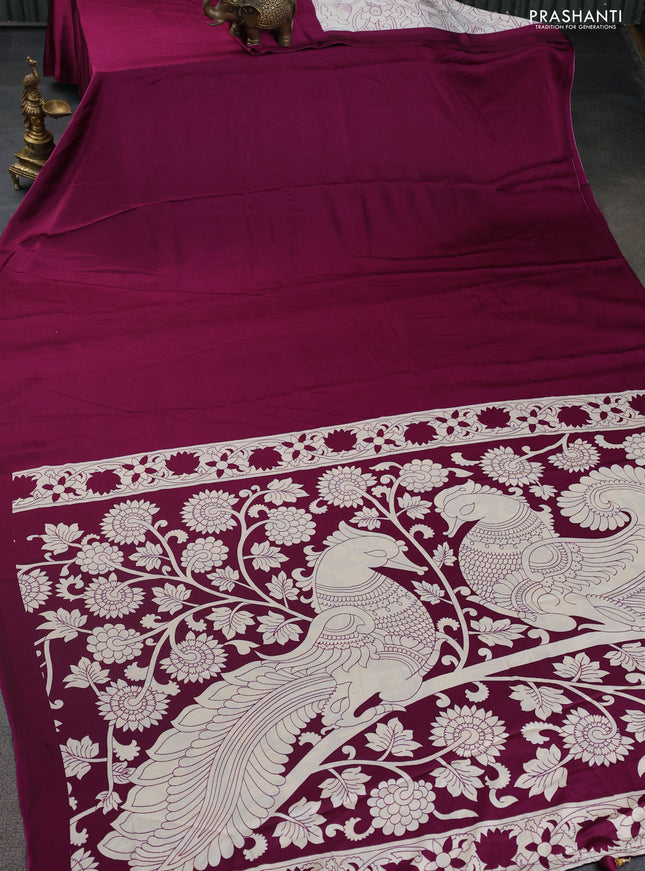 Semi modal partly saree deep purple with plain body and kalamkari pallu
