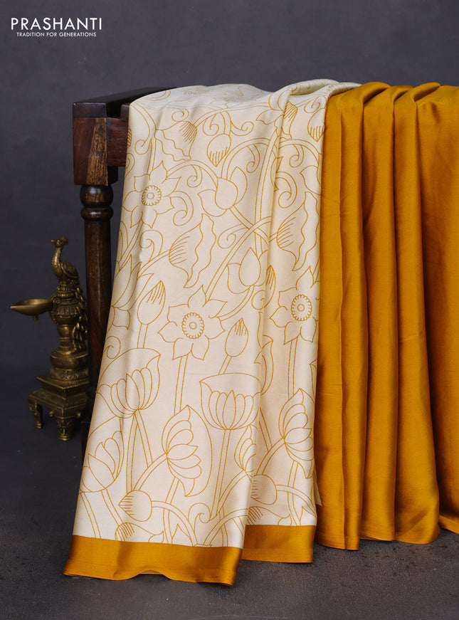 Semi modal partly saree mustard yellow with plain body and kalamkari pallu