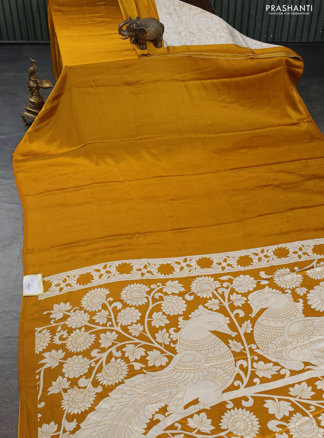 Semi modal partly saree mustard yellow with plain body and kalamkari pallu