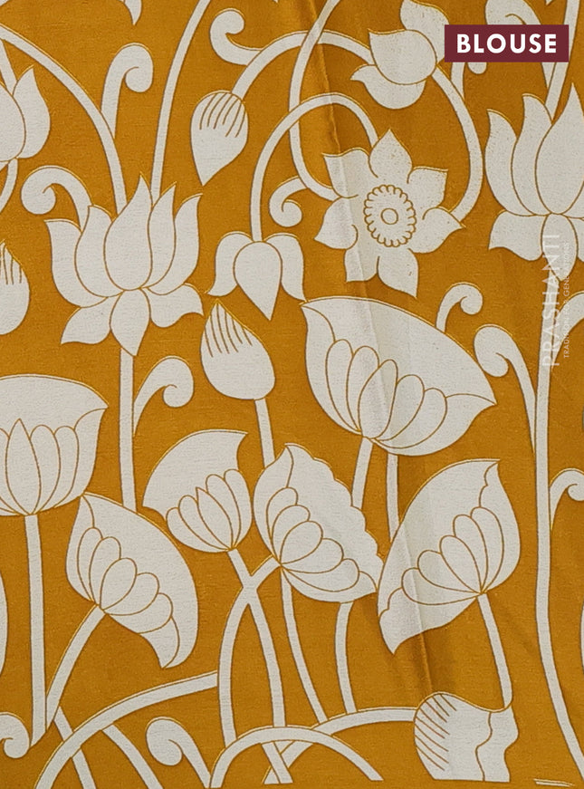 Semi modal partly saree mustard yellow with plain body and kalamkari pallu