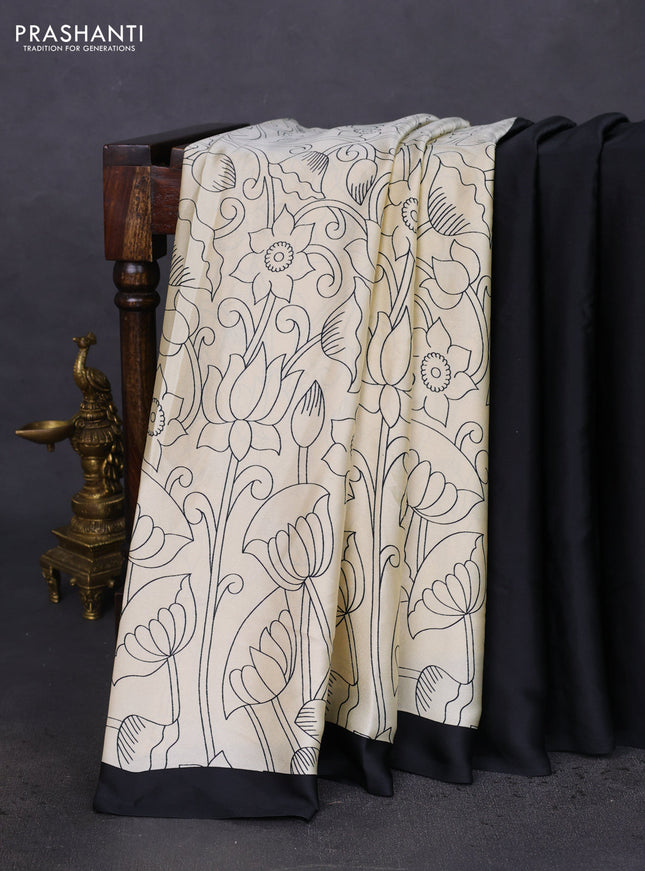 Semi modal partly saree black with plain body and kalamkari pallu