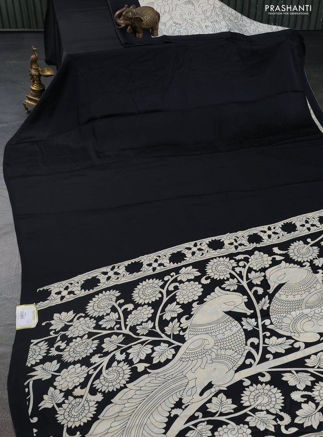 Semi modal partly saree black with plain body and kalamkari pallu