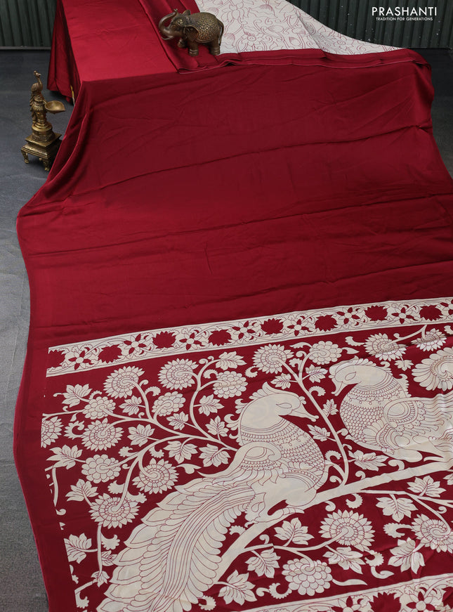 Semi modal partly saree maroon with plain body and kalamkari pallu