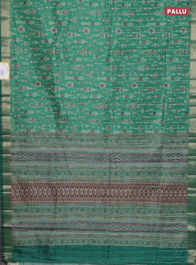 Semi tussar saree green with allover prints & sequin work and zari woven border