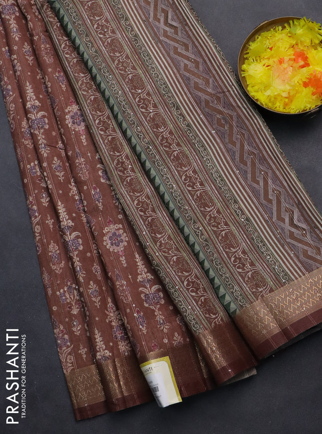 Semi tussar saree brown with allover prints & sequin work and zari woven border