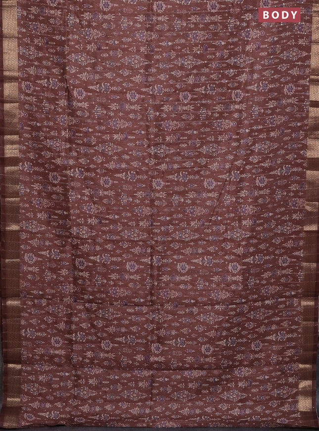Semi tussar saree brown with allover prints & sequin work and zari woven border