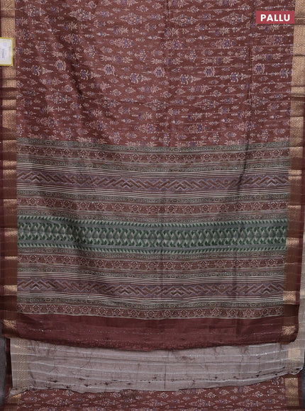 Semi tussar saree brown with allover prints & sequin work and zari woven border
