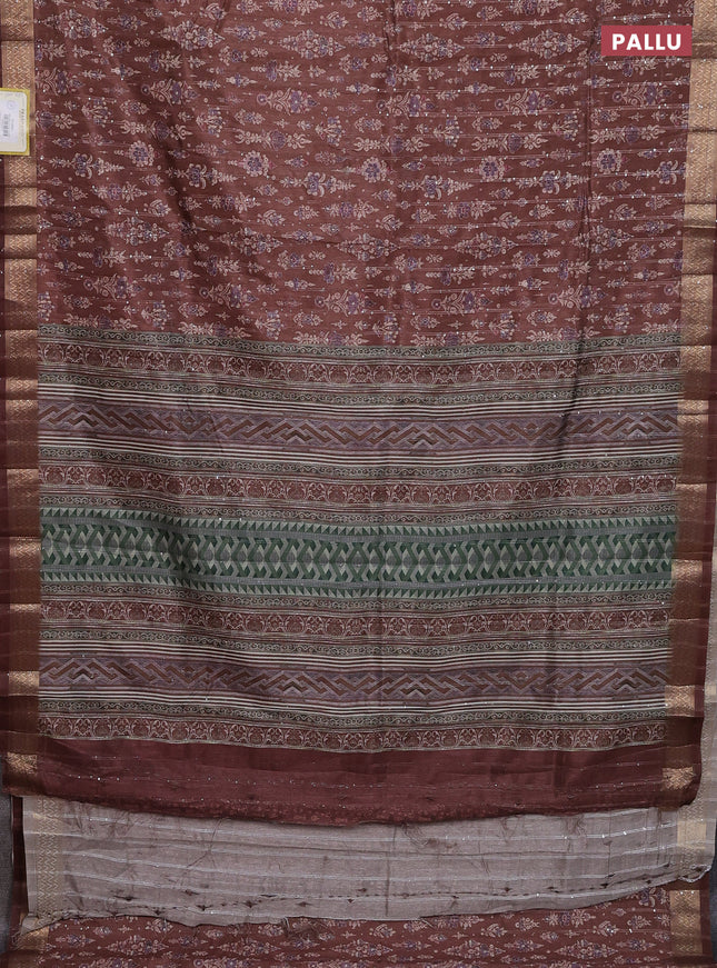 Semi tussar saree brown with allover prints & sequin work and zari woven border