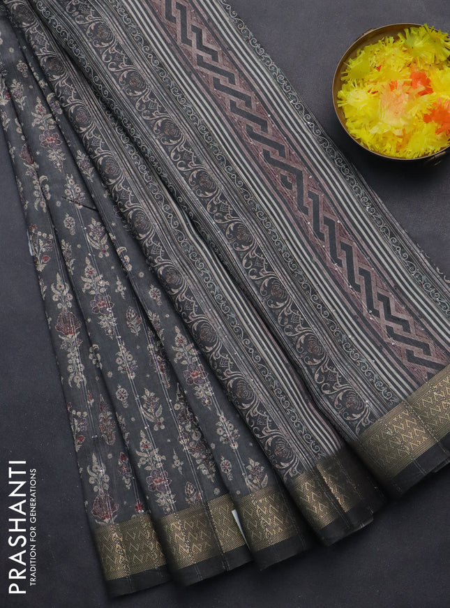 Semi tussar saree grey with allover prints & sequin work and zari woven border