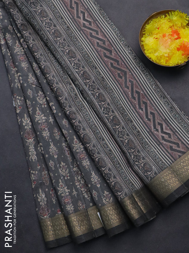 Semi tussar saree grey with allover prints & sequin work and zari woven border