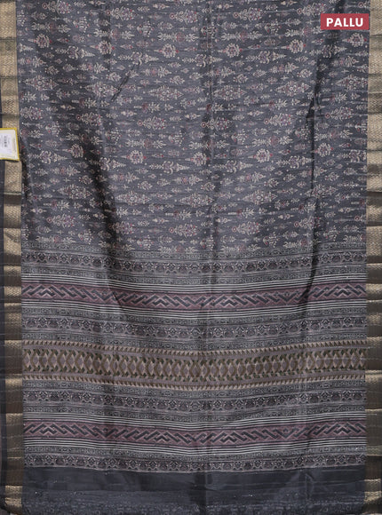 Semi tussar saree grey with allover prints & sequin work and zari woven border