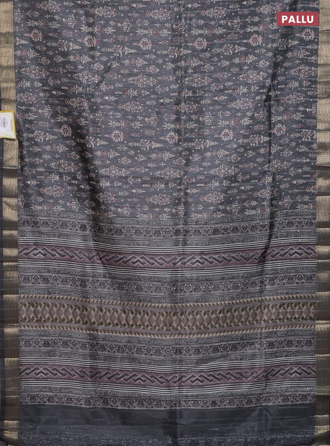 Semi tussar saree grey with allover prints & sequin work and zari woven border