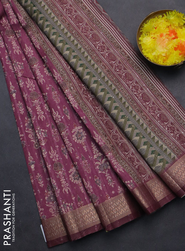 Semi tussar saree dark magenta pink with allover prints & sequin work and zari woven border
