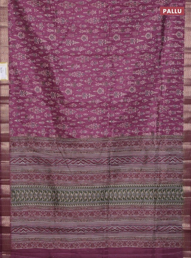 Semi tussar saree dark magenta pink with allover prints & sequin work and zari woven border